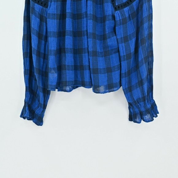 FREE PEOPLE Womens Size XS Honey Grove Blue Black Eyelet Ruffle Sleeve Plaid Top - Picture 5 of 9